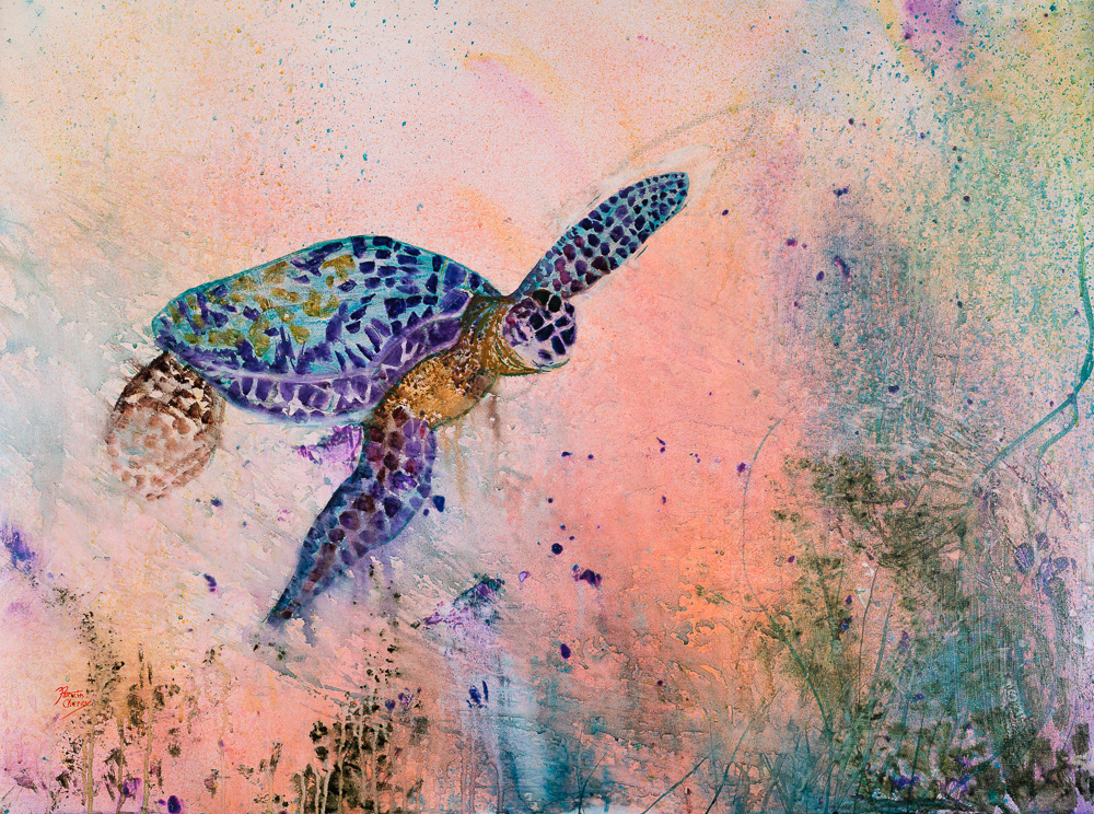 Imaginary turtle swimming through an fantasy ocean of pinks and greens.